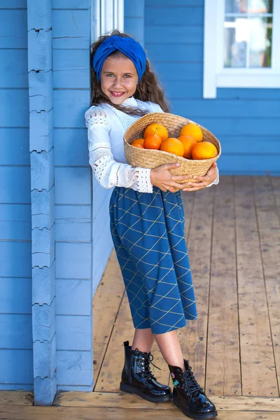 Portrait Little Girl Basket Orange — Stock Photo, Image