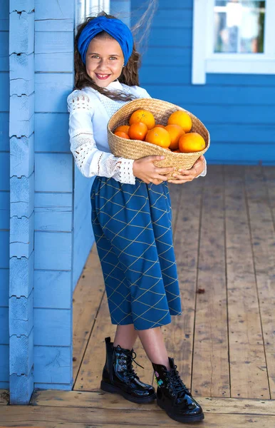 Portrait Little Girl Basket Orange — Stock Photo, Image