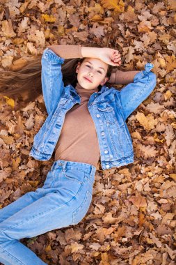 Üst manzara, sonbahar sarı yapraklarının arka planında güzel bir genç kızın portresi.