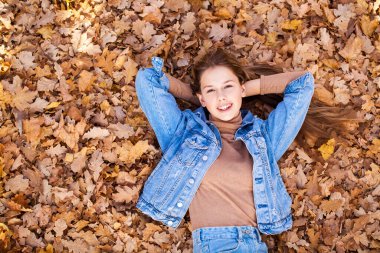 Üst manzara, sonbahar sarı yapraklarının arka planında güzel bir genç kızın portresi.