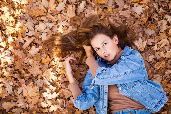 Vista Superior Retrato Uma Bela Jovem Fundo Outono Folhas Amarelas — Fotografia de Stock