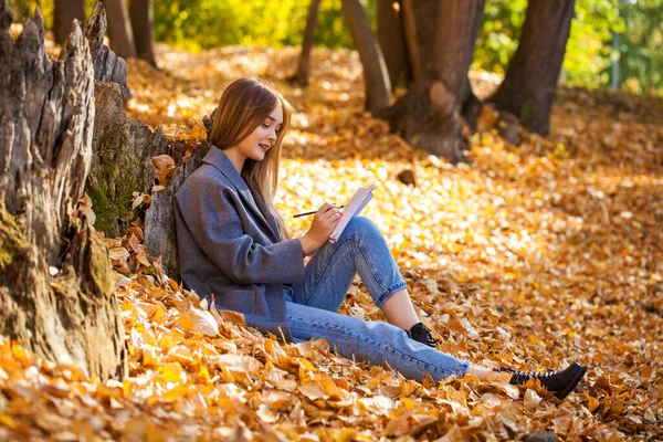 Ung Blond Kvinna Ritar Albumet När Hon Sitter Höstparken — Stockfoto