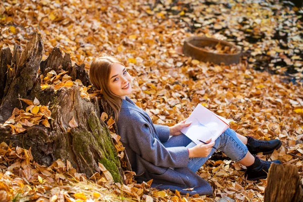 Young Blonde Woman Draws Album While Sitting Autumn Park — Stock Photo, Image