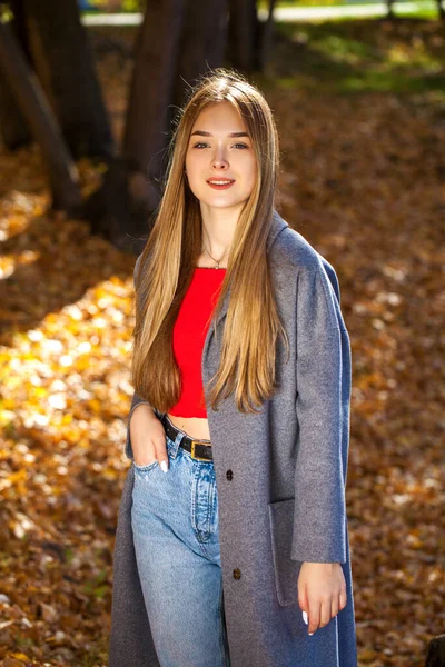 Retrato Cerca Una Joven Hermosa Rubia Con Abrigo Gris —  Fotos de Stock