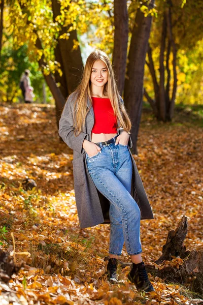 Helkroppsporträtt Ung Vacker Blond Kvinna Grå Rock Och Blå Jeans — Stockfoto