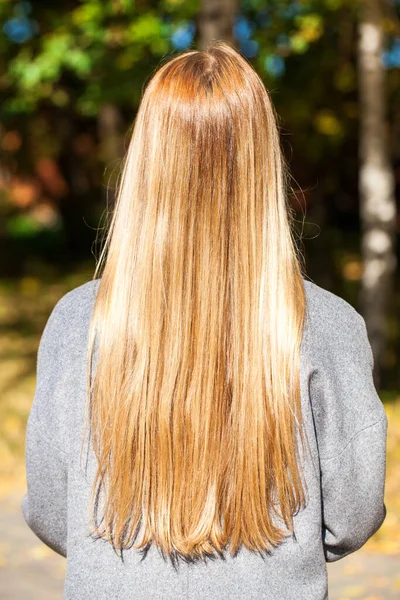 Modelo Cabelo Loiro Menina Visão Traseira Casaco Cinza Parque Outono — Fotografia de Stock