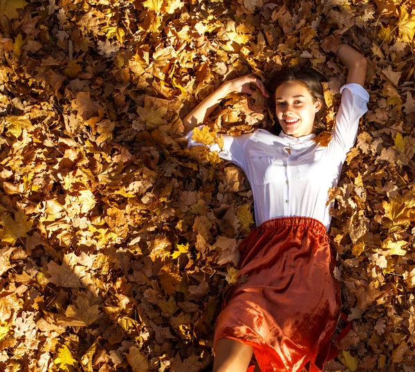 Üst Manzara Arka Planda Güzel Bir Genç Kadının Portresi Sonbahar — Stok fotoğraf