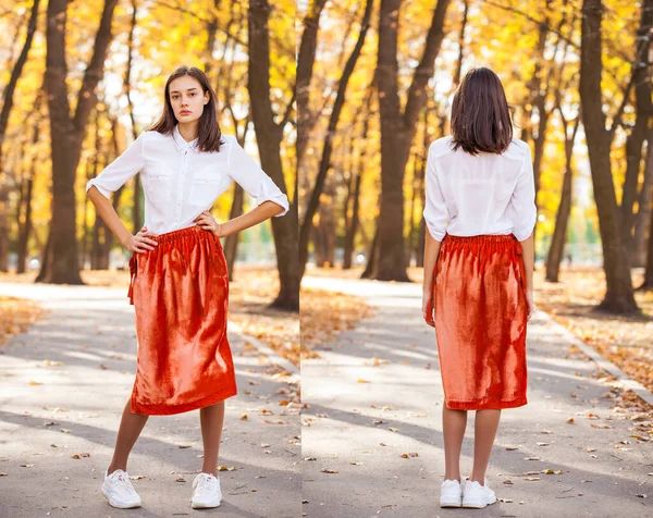 Colagem Frente Verso Vista Retrato Uma Jovem Linda Menina Saia — Fotografia de Stock