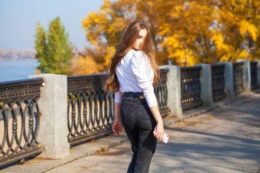 Esmer saç modeli. Arka manzara genç bayan, sonbahar parkı açık hava.