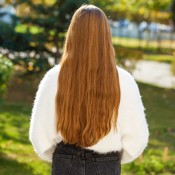 Voltar Visão Traseira Modelo Cabelo Morena Parque Outono Livre — Fotografia de Stock