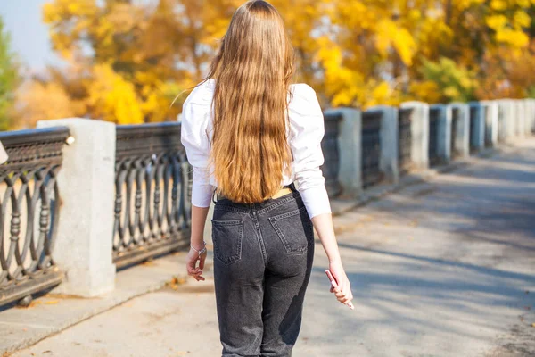 Voltar Visão Traseira Modelo Cabelo Morena Parque Outono Livre — Fotografia de Stock