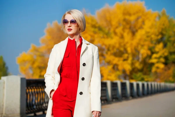 Jeune Belle Femme Blonde Manteau Beige Promène Dans Parc Automne — Photo