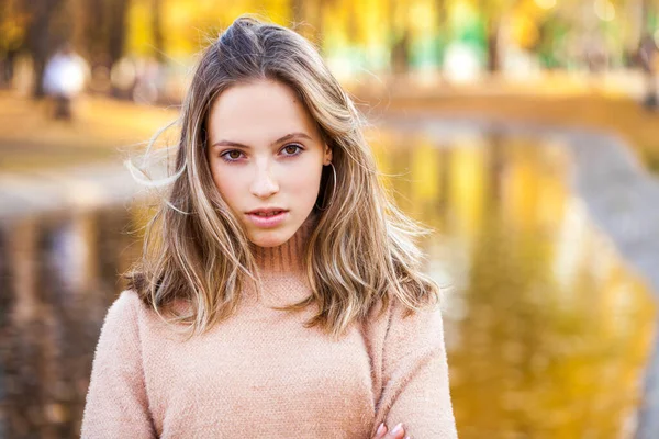 Close Portrait Young Beautiful Blonde Girl Beige Sweater — Stock Photo, Image