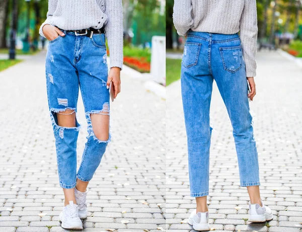 Collage Blue Ripped Jeans Front Back Views — Stok Foto