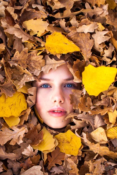 Top View Close Portrait Young Girl Background Oak Foliage — Stock Photo, Image