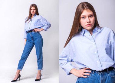 Stüdyoda gri bir duvarın arka planında poz veren mavi gömlekli iki güzel sarışın kızı kolajla.