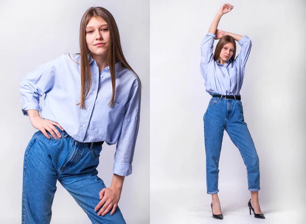 Stüdyoda gri bir duvarın arka planında poz veren mavi gömlekli iki güzel sarışın kızı kolajla.