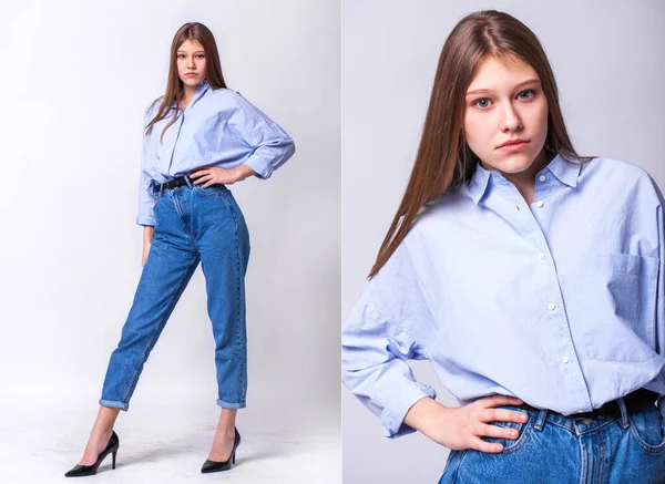 Stüdyoda gri bir duvarın arka planında poz veren mavi gömlekli iki güzel sarışın kızı kolajla.