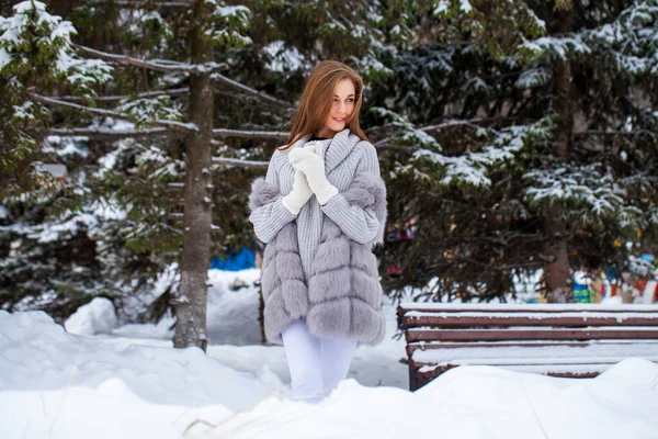 Close Retrato Jovem Mulher Colete Pele Cinza Inverno Livre — Fotografia de Stock