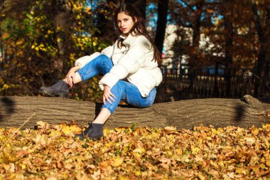 Açık havada sonbahar parkında kot pantolon giymiş güzel bir esmer kızın vücut portresi.