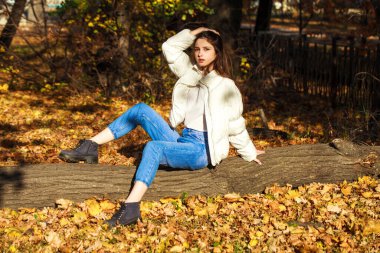 Açık havada sonbahar parkında kot pantolon giymiş güzel bir esmer kızın vücut portresi.