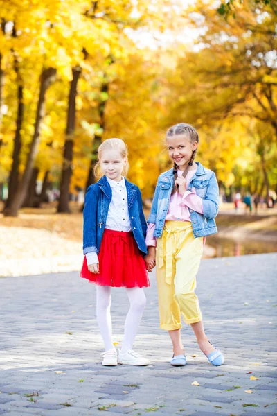 Retrato Comprimento Total Duas Meninas Parque Outono — Fotografia de Stock