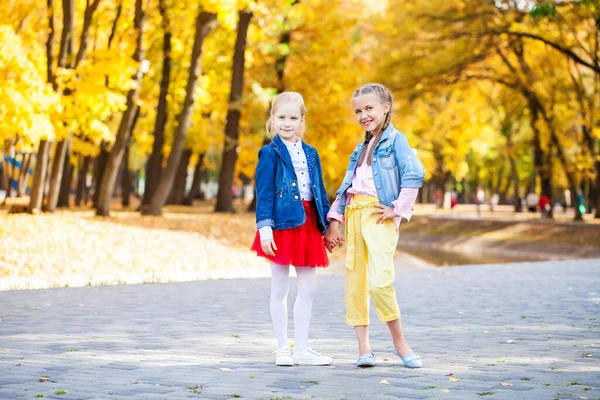 Retrato Comprimento Total Duas Meninas Parque Outono — Fotografia de Stock