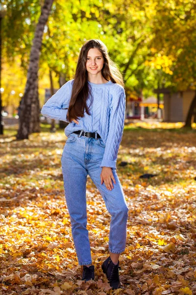 Ritratto Figura Intera Una Giovane Ragazza Maglione Lana Jeans Blu — Foto Stock