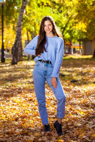 Retrato Completo Uma Jovem Com Uma Camisola Jeans Azuis Posando — Fotografia de Stock