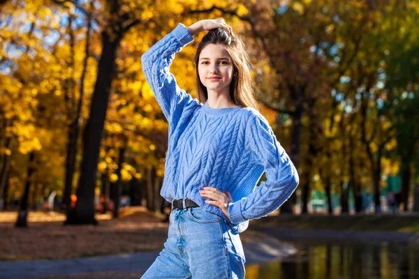 Retrato Cerca Una Joven Suéter Azul Parque Otoño Aire Libre — Foto de Stock