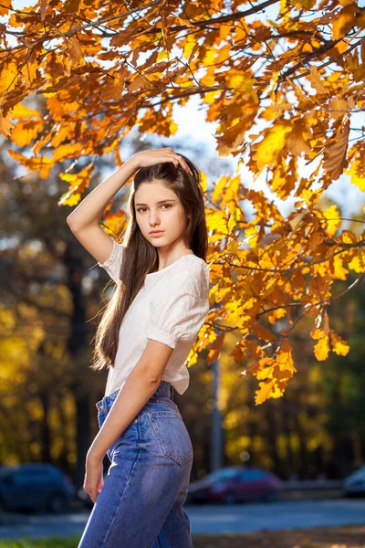 Retrato Outono Uma Jovem Folhas Carvalho — Fotografia de Stock