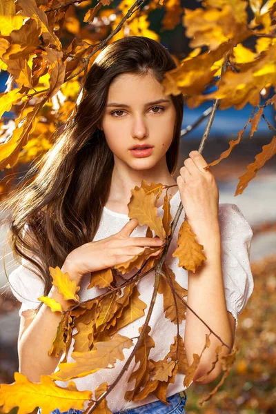 Herbstporträt Eines Jungen Mädchens Eichenblättern — Stockfoto