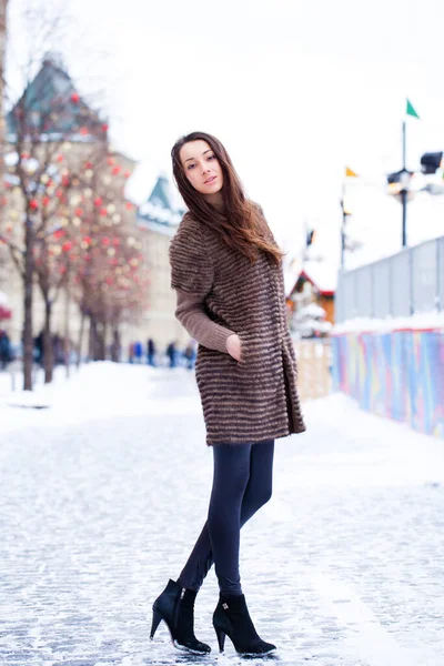 Portrait Full Growth Beautiful Stylish Young Woman Background Red Square — Stock Photo, Image