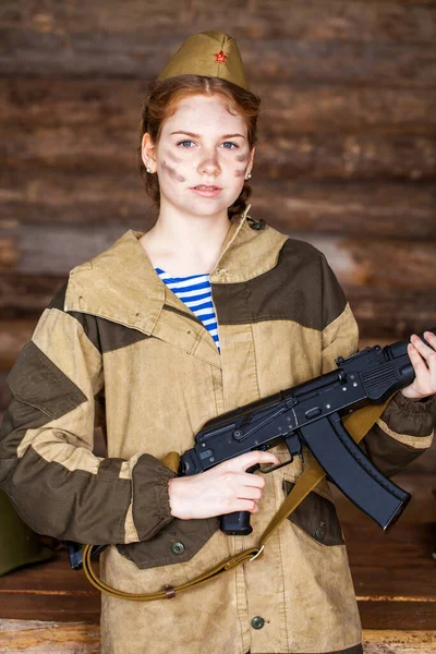 Young Beautiful Girl Soviet Military Uniform — Stock Photo, Image