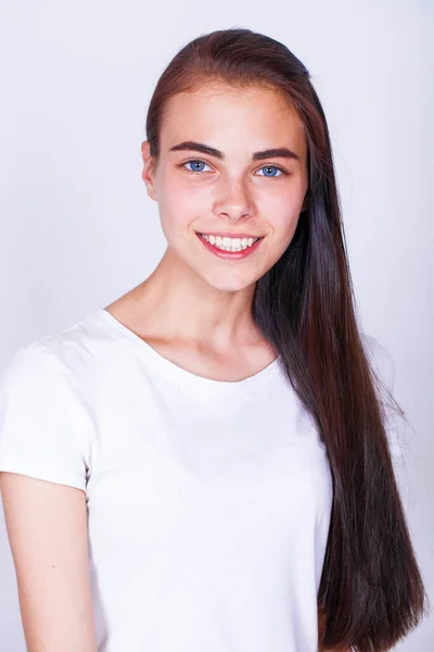 Close Portrait Young Beautiful Happy Brunette Woman Isolated White Background — Stock Photo, Image