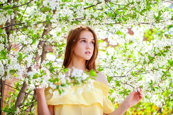 Portrét Mladé Zrzavé Ženy Pózující Pozadí Kvetoucího Jabloně — Stock fotografie