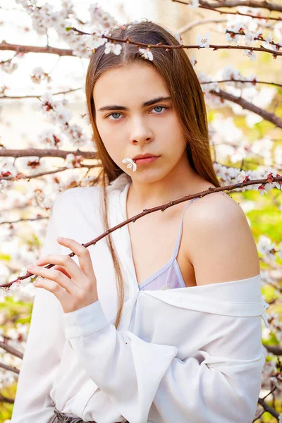 Linda Chica Adolescente Están Posando Jardín Cerca Cerezo Flor Con —  Fotos de Stock