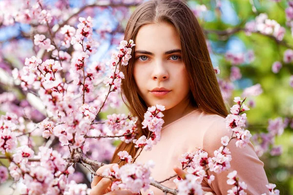 Schoonheid Tiener Meisje Poseren Buurt Bloesem Kersenboom Met Roze Bloemen — Stockfoto