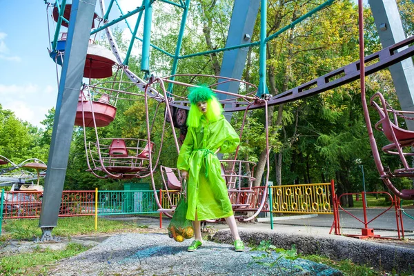 Stylish Young Girl Acid Green Raincoat — Stock Photo, Image