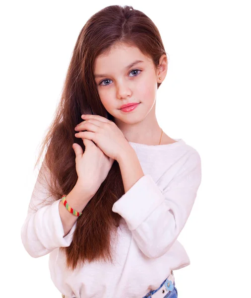 Πορτρέτο Ενός Γοητευτικού Μικρού Κοριτσιού Απομονωμένο Λευκό Φόντο — Φωτογραφία Αρχείου