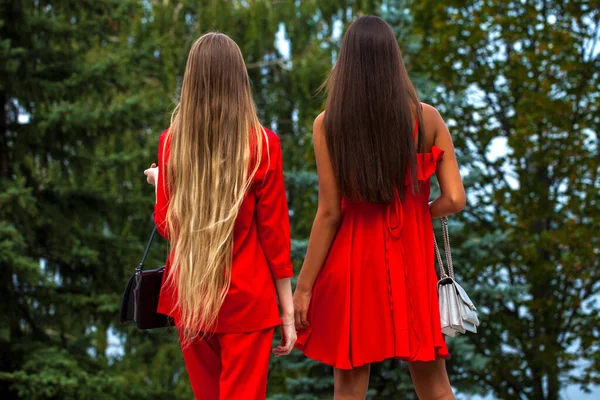 Two Young Girls Blonde Brunette Back View — Stock Photo, Image