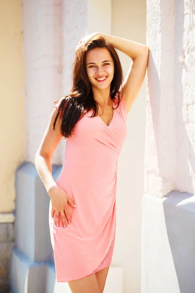 Happy Beautiful Young Brunette Woman Sexy Pink Dress White Wall — Stock Photo, Image