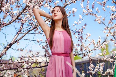 Pretty teen girl are posing in garden near blossom cherry tree with white flowers. Spring time  clipart