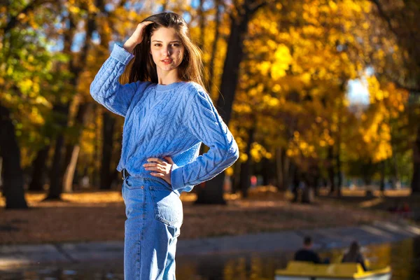 Zbliżenie Portret Młodej Dziewczyny Niebieskim Swetrze Jesienny Park Odkryty — Zdjęcie stockowe