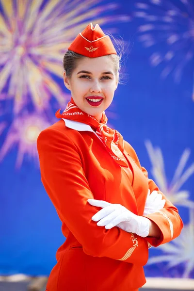 Russia Samara October 2019 Russian Stewardess Dressed Official Red Uniform — Stock Photo, Image