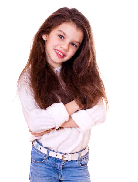Retrato Uma Menina Encantadora Sorrindo Para Câmera Isolado Fundo Branco — Fotografia de Stock
