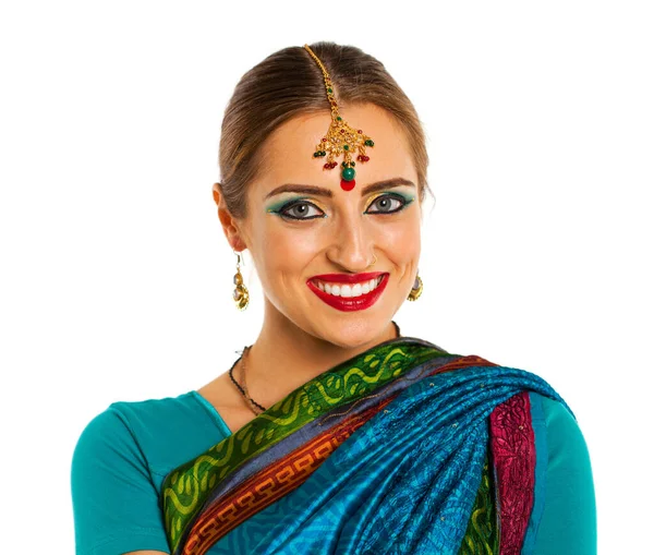 Young Beautiful Brunette Woman Indian Dress — Stock Photo, Image