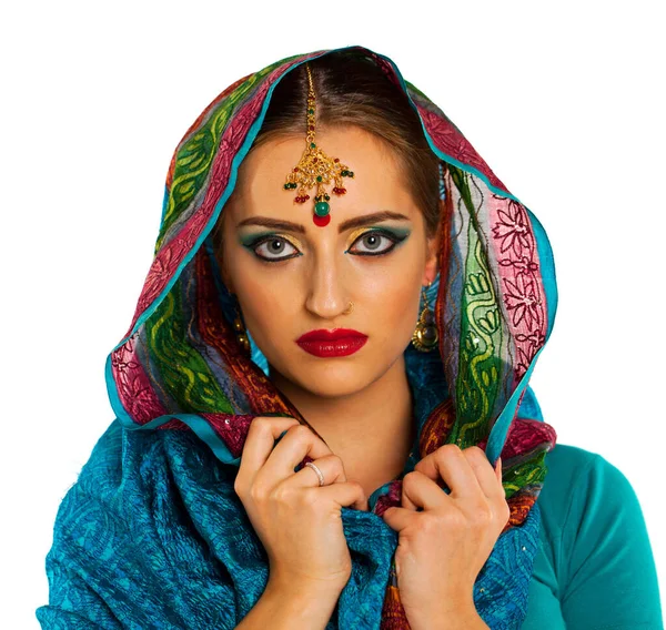 Ung Vacker Brunett Kvinna Indian Klänning — Stockfoto