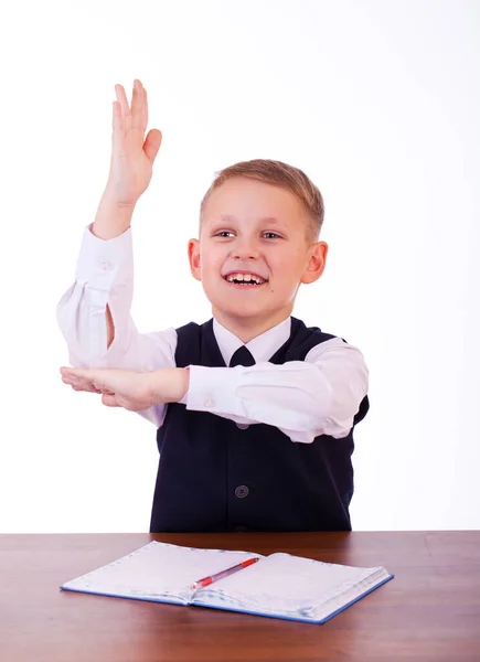 Blanke Schooljongen Aan Zijn Bureau Witte Achtergrond Met Kopieerruimte Verveelde — Stockfoto