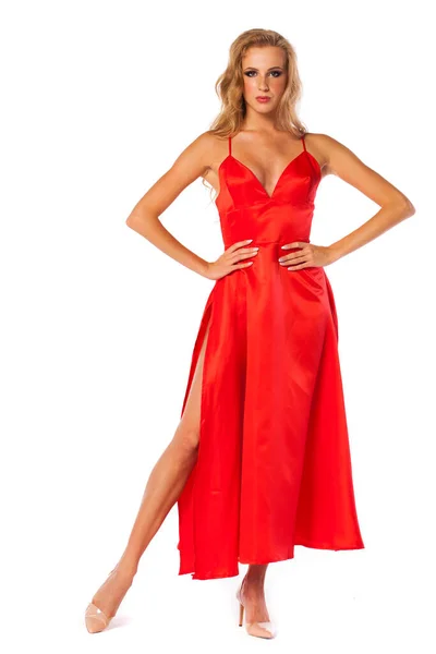 Jeune Belle Femme Blonde Heureuse Robe Rouge Isolée Sur Blanc — Photo